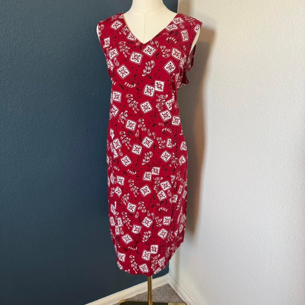 Red Bandana Paisley Print Americana Cotton Blend Maternity Sheath Dress, Large - Picture 1 of 4
